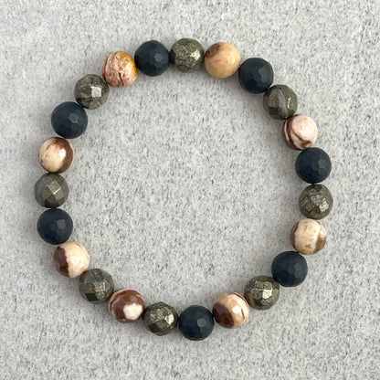 Faceted Brown Zebra Jasper, Matte Onyx and Pyrite Beaded Bracelet