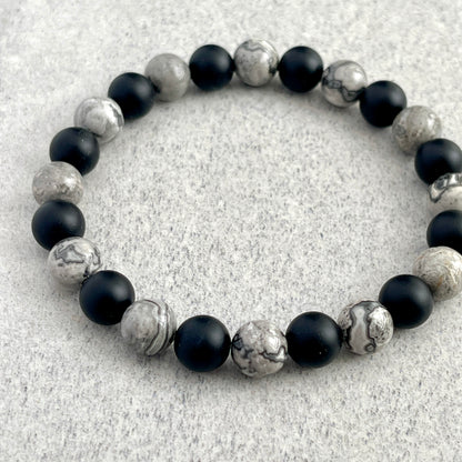 Map Jasper and Matte Onyx Beaded Bracelet