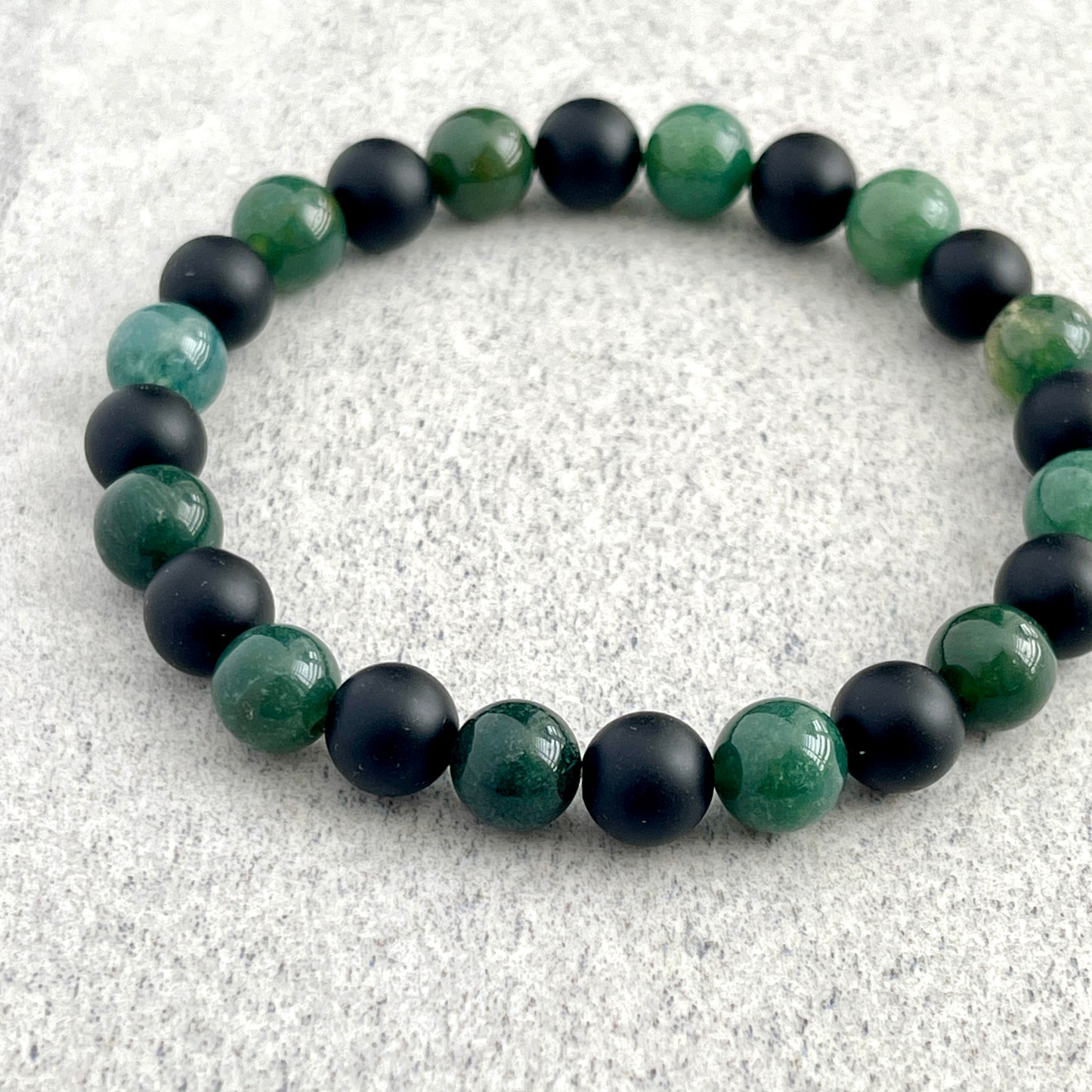 Moss Agate and Matte Onyx Beaded Bracelet