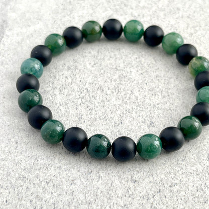 Moss Agate and Matte Onyx Beaded Bracelet