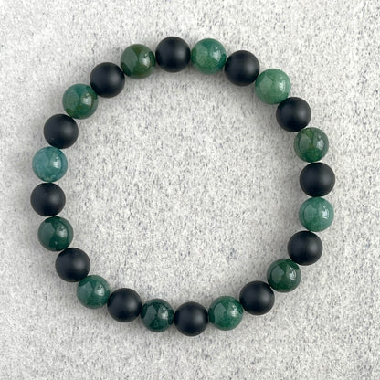 Moss Agate and Matte Onyx Beaded Bracelet