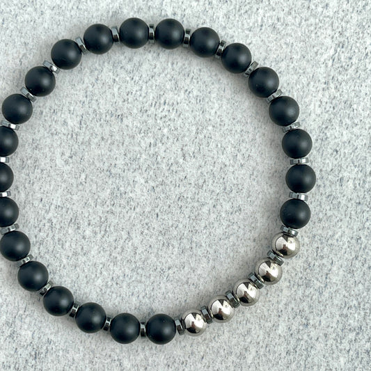 Matte Onyx Beaded Bracelet with Stainless Steel Accents