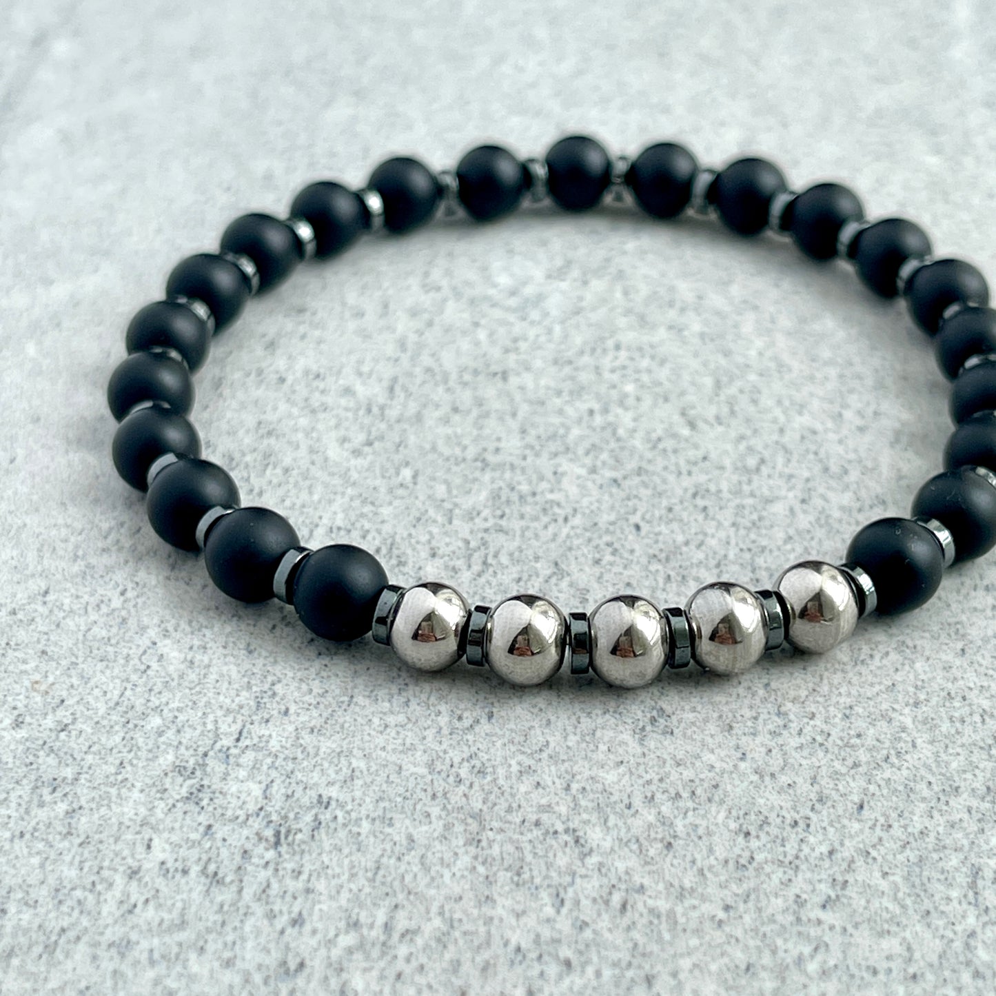 Matte Onyx Beaded Bracelet with Stainless Steel Accents