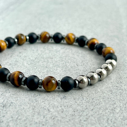 Matte Onyx, Yellow Tiger Eye with Stainless Steel Accents Bracelet