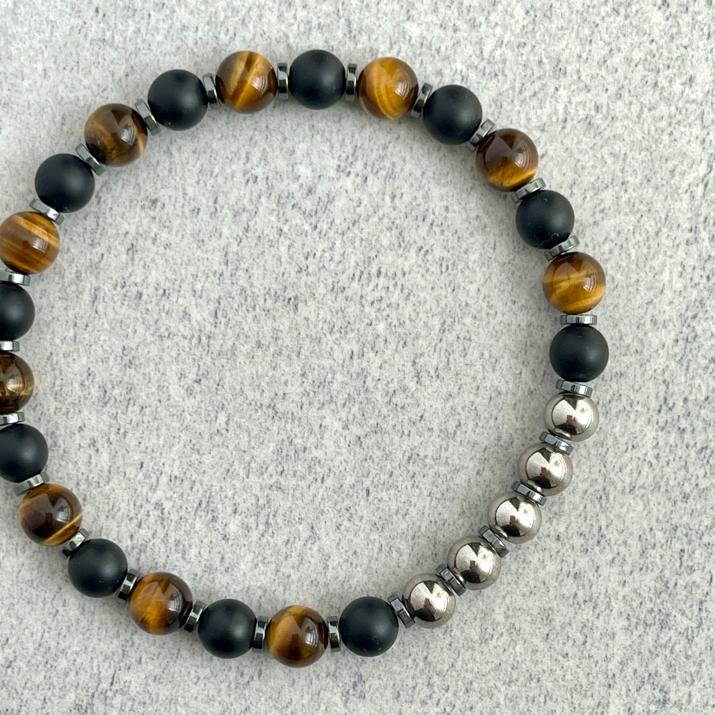 Matte Onyx, Yellow Tiger Eye with Stainless Steel Accents Bracelet