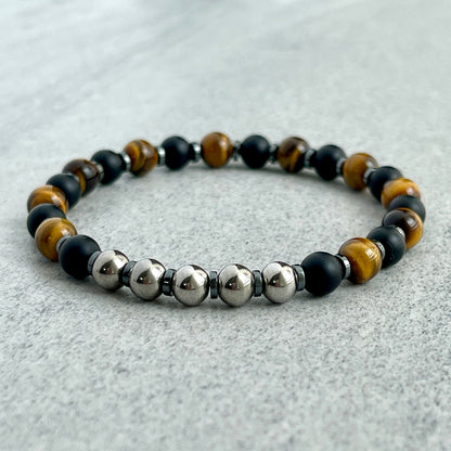 Matte Onyx, Yellow Tiger Eye with Stainless Steel Accents Bracelet