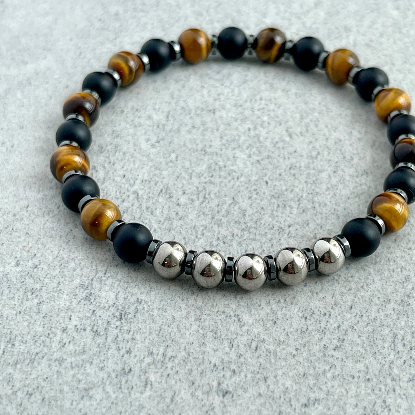 Matte Onyx, Yellow Tiger Eye with Stainless Steel Accents Bracelet