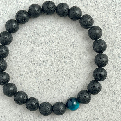 Black Lava and Single Aqua Blue Tiger Eye Stretch Bracelet