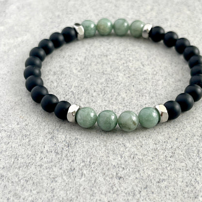 Matte Onyx & Burma Jade Beaded Bracelet with Stainless Steel Accents