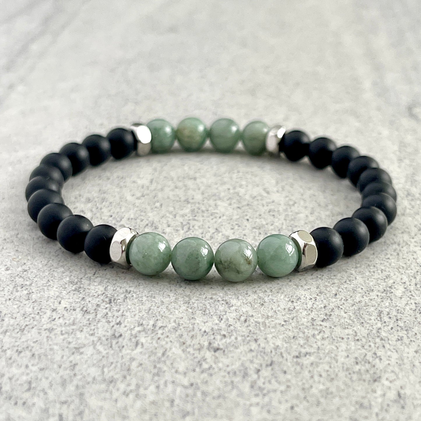 Matte Onyx & Burma Jade Beaded Bracelet with Stainless Steel Accents