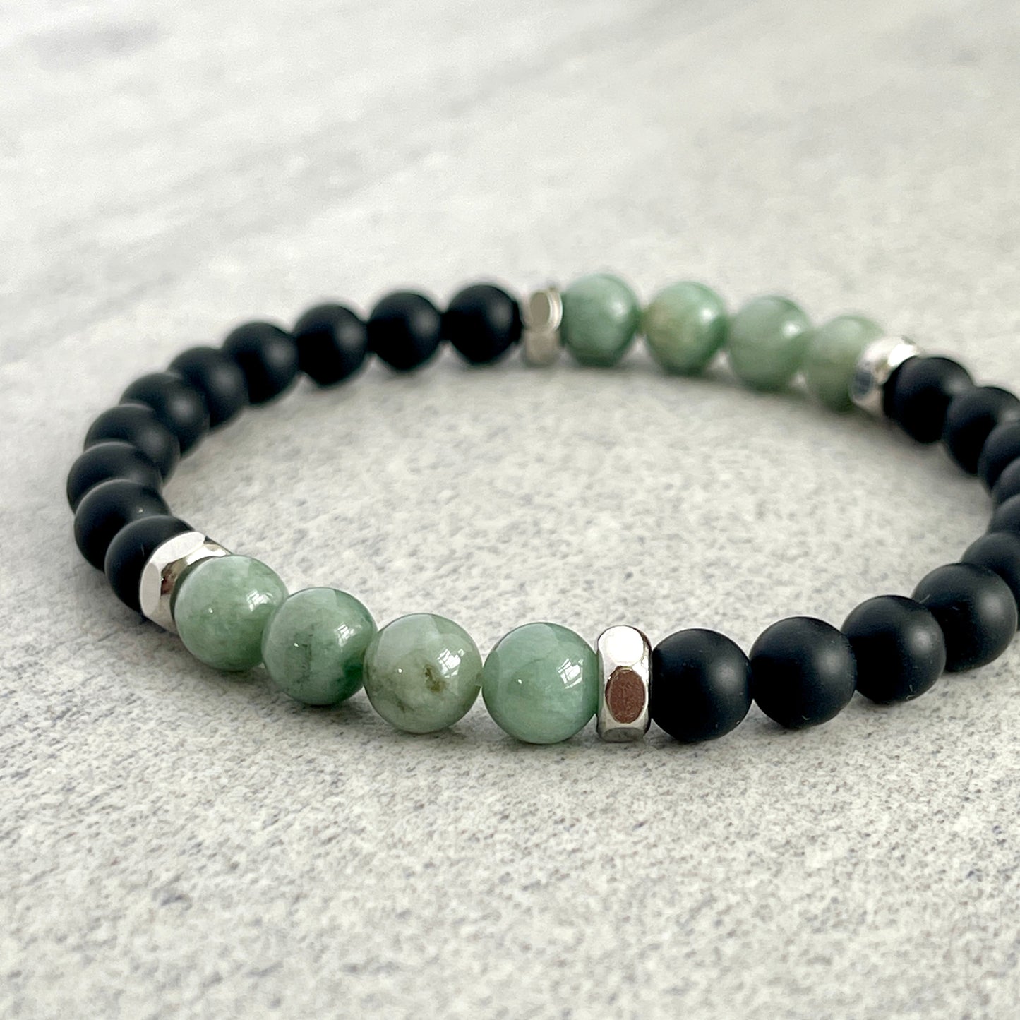 Matte Onyx & Burma Jade Beaded Bracelet with Stainless Steel Accents