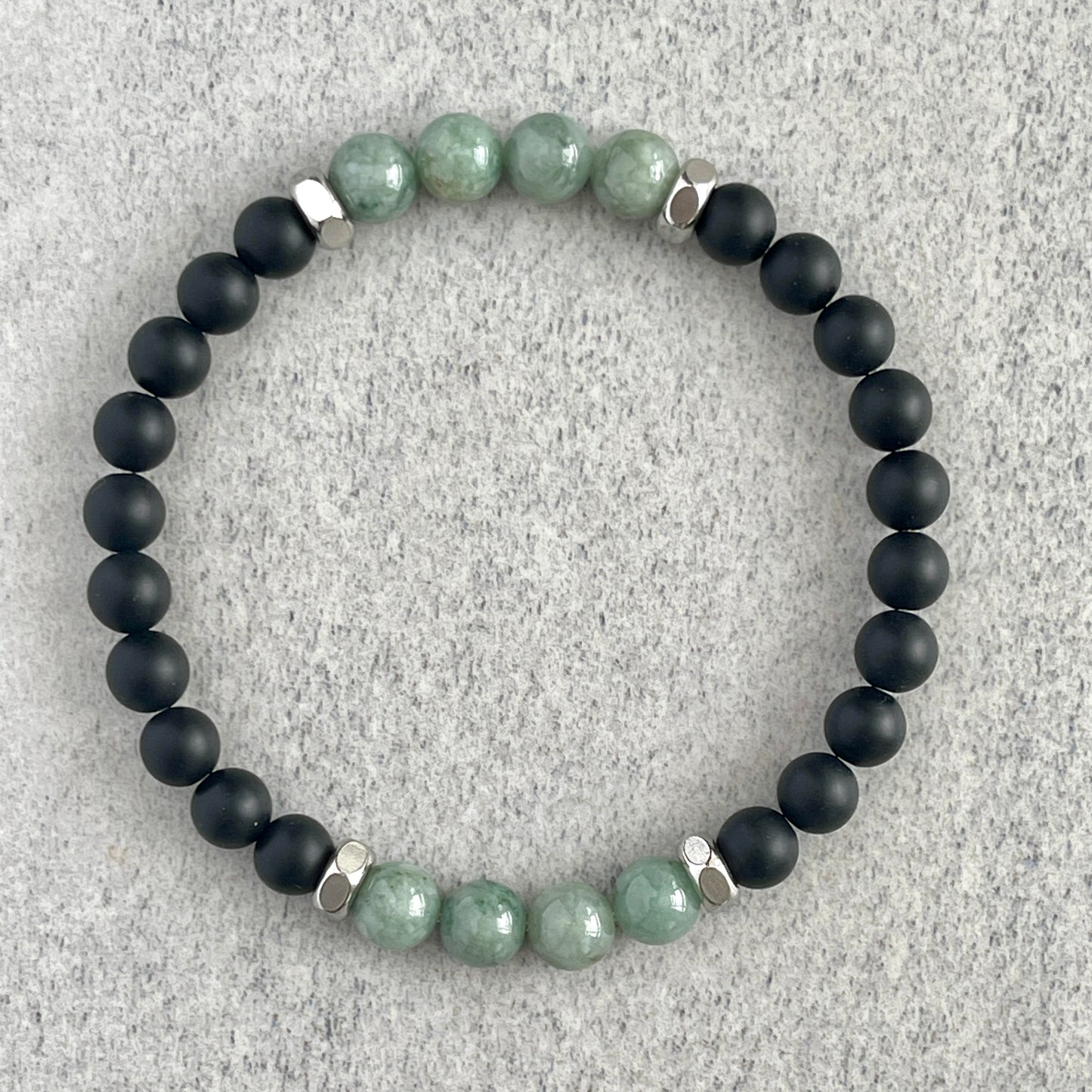 Matte Onyx & Burma Jade Beaded Bracelet with Stainless Steel Accents