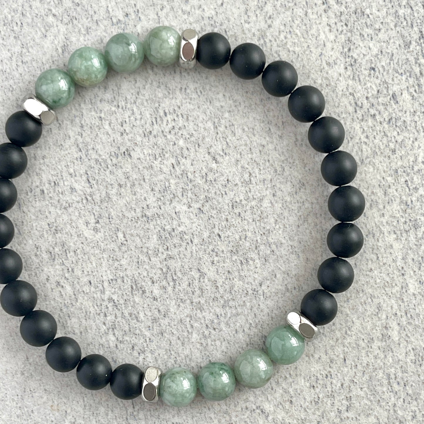 Matte Onyx & Burma Jade Beaded Bracelet with Stainless Steel Accents