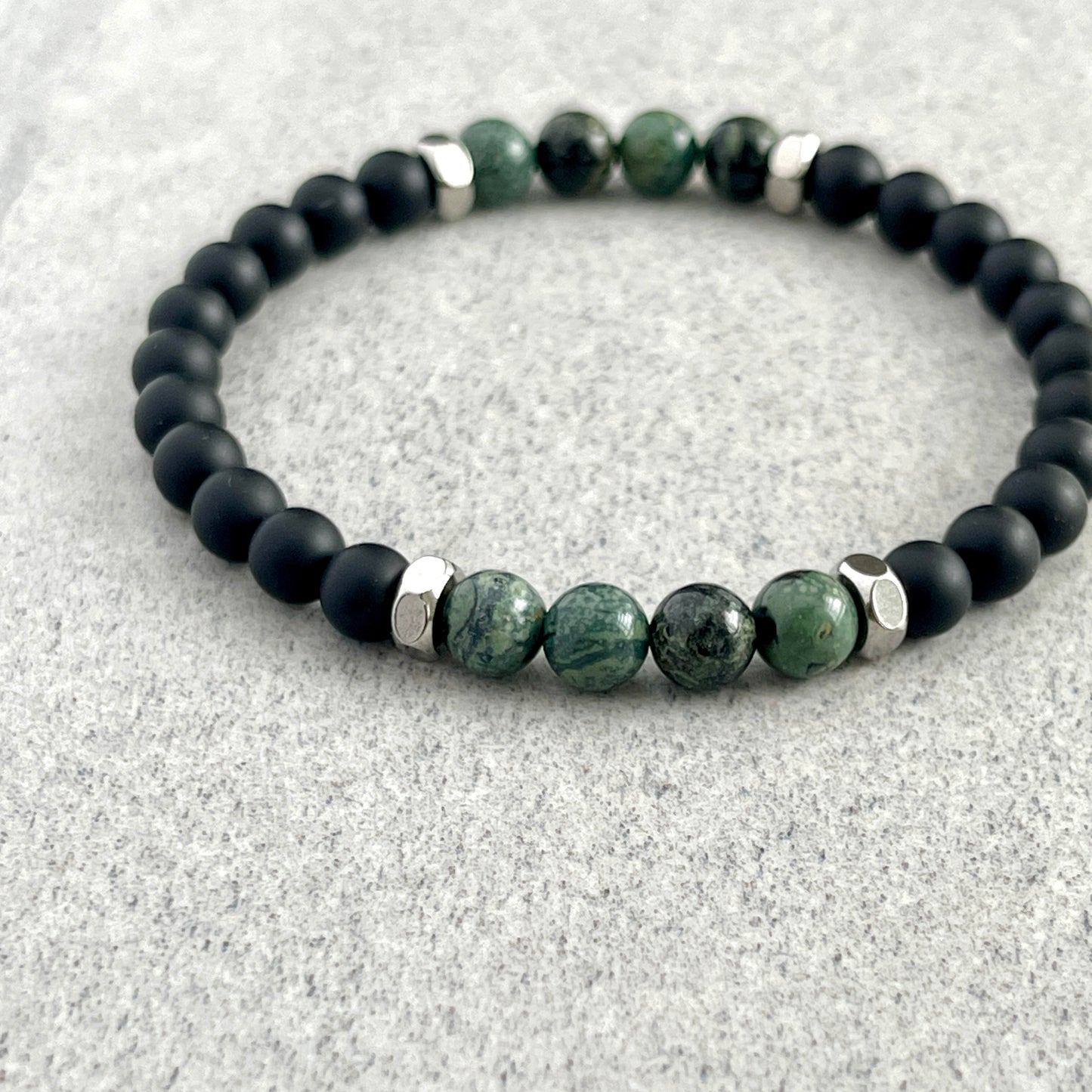 Matte Onyx & Kambaba Jasper Beaded Bracelet with Stainless Steel Accents