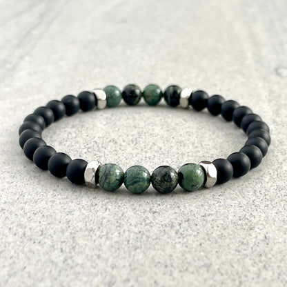 Matte Onyx & Kambaba Jasper Beaded Bracelet with Stainless Steel Accents