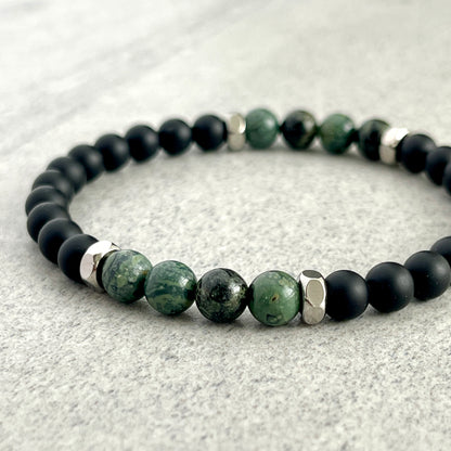 Matte Onyx & Kambaba Jasper Beaded Bracelet with Stainless Steel Accents