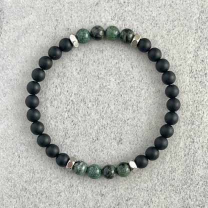 Matte Onyx & Kambaba Jasper Beaded Bracelet with Stainless Steel Accents