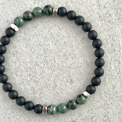 Matte Onyx & Kambaba Jasper Beaded Bracelet with Stainless Steel Accents