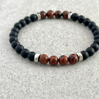 Matte Onyx & Mahogany Obsidian Beaded Bracelet with Stainless Steel Accents