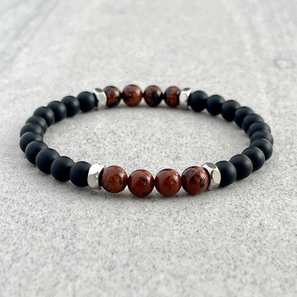 Matte Onyx & Mahogany Obsidian Beaded Bracelet with Stainless Steel Accents