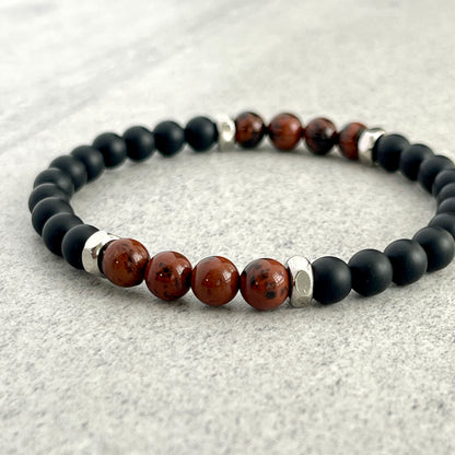 Matte Onyx & Mahogany Obsidian Beaded Bracelet with Stainless Steel Accents