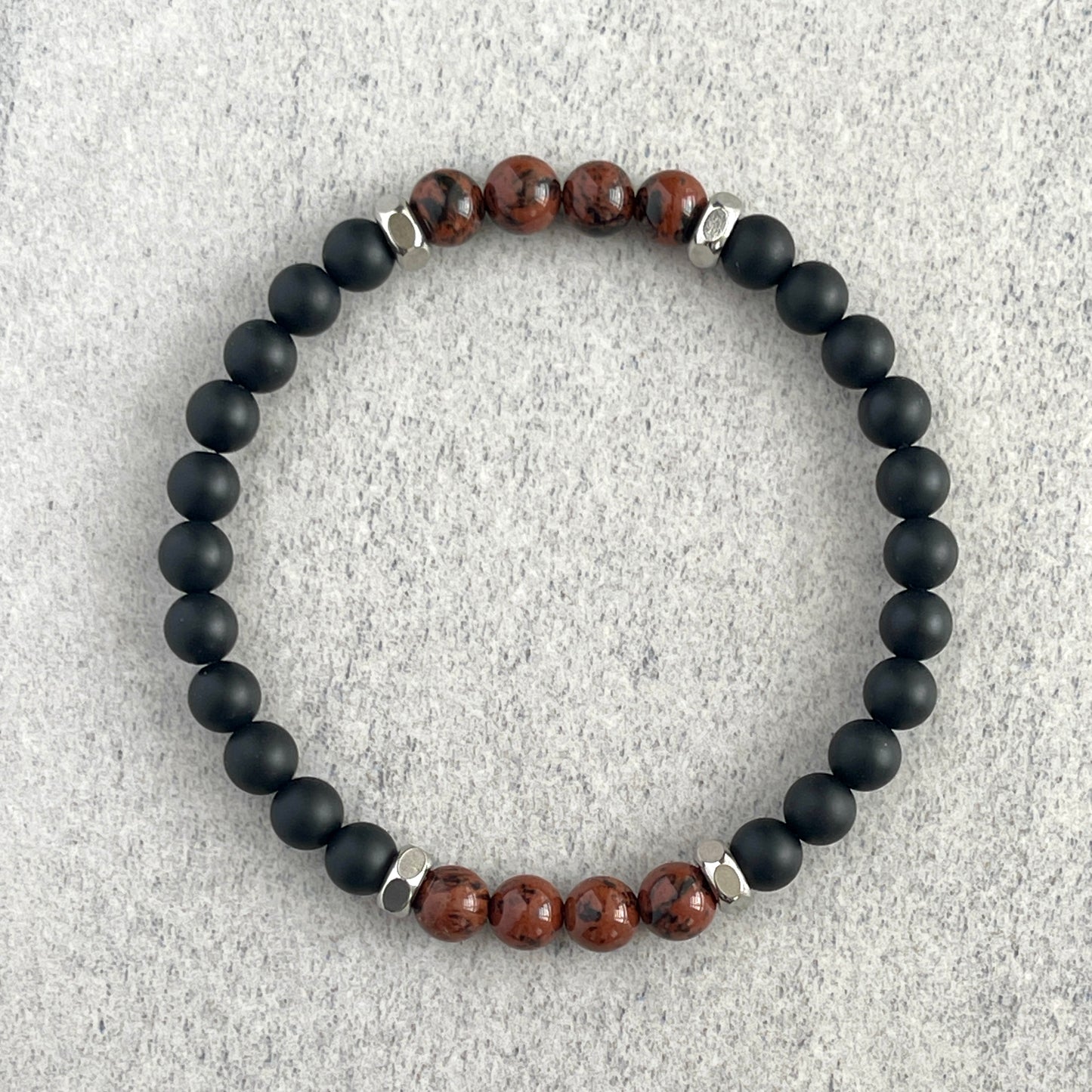 Matte Onyx & Mahogany Obsidian Beaded Bracelet with Stainless Steel Accents