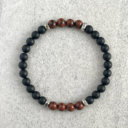 Matte Onyx & Mahogany Obsidian Beaded Bracelet with Stainless Steel Accents