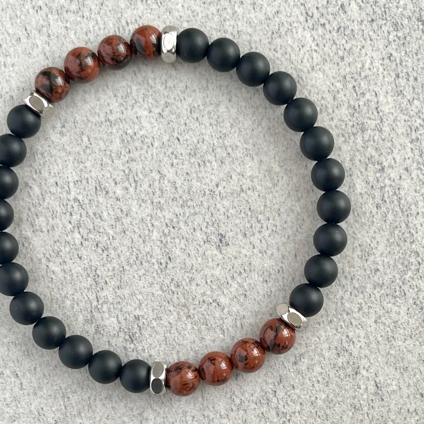 Matte Onyx & Mahogany Obsidian Beaded Bracelet with Stainless Steel Accents