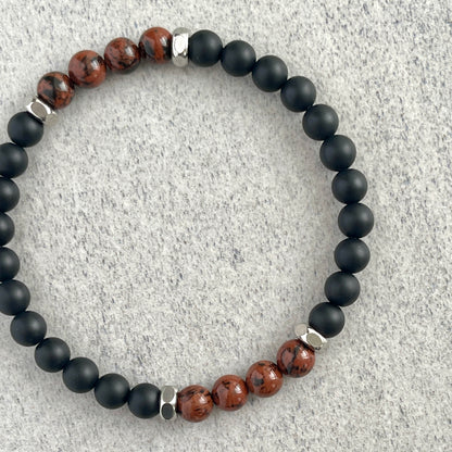 Matte Onyx & Mahogany Obsidian Beaded Bracelet with Stainless Steel Accents