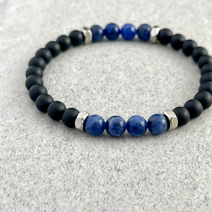 Matte Onyx & Sodalite Beaded Bracelet with Stainless Steel Accents