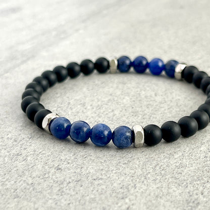 Matte Onyx & Sodalite Beaded Bracelet with Stainless Steel Accents