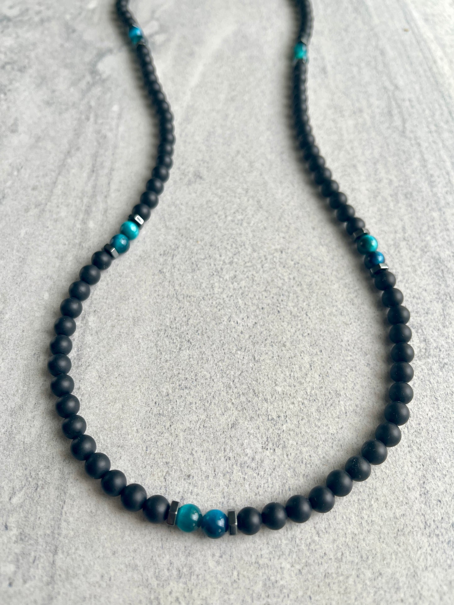 Matte Onyx Beaded Necklace with Aqua Blue Tiger Eye