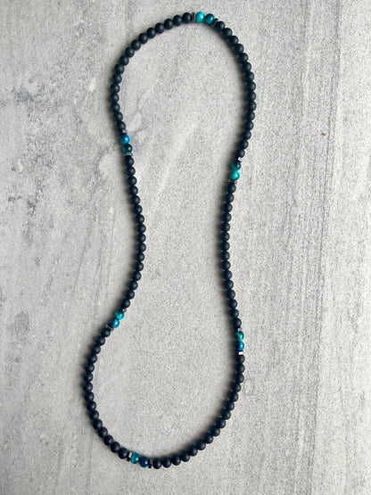 Matte Onyx Beaded Necklace with Aqua Blue Tiger Eye