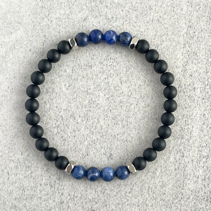 Matte Onyx & Sodalite Beaded Bracelet with Stainless Steel Accents