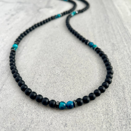 Matte Onyx Beaded Necklace with Aqua Blue Tiger Eye