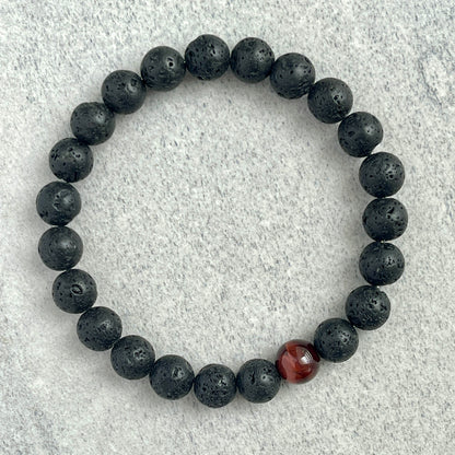 Black Lava and Single Red Tiger Eye Stretch Bracelet