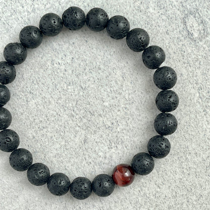 Black Lava and Single Red Tiger Eye Stretch Bracelet