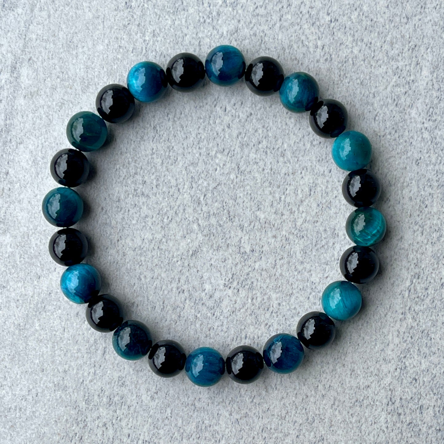 Aqua Blue Tiger Eye & Onyx Beaded Bracelet