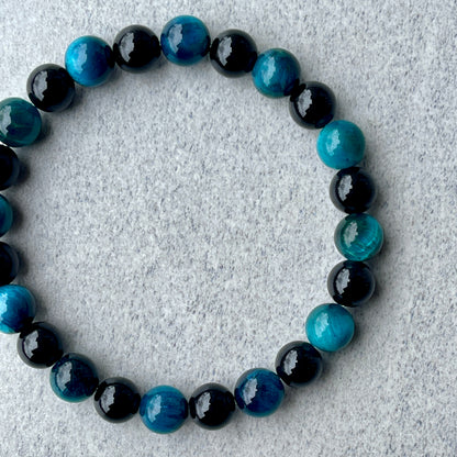 Aqua Blue Tiger Eye & Onyx Beaded Bracelet
