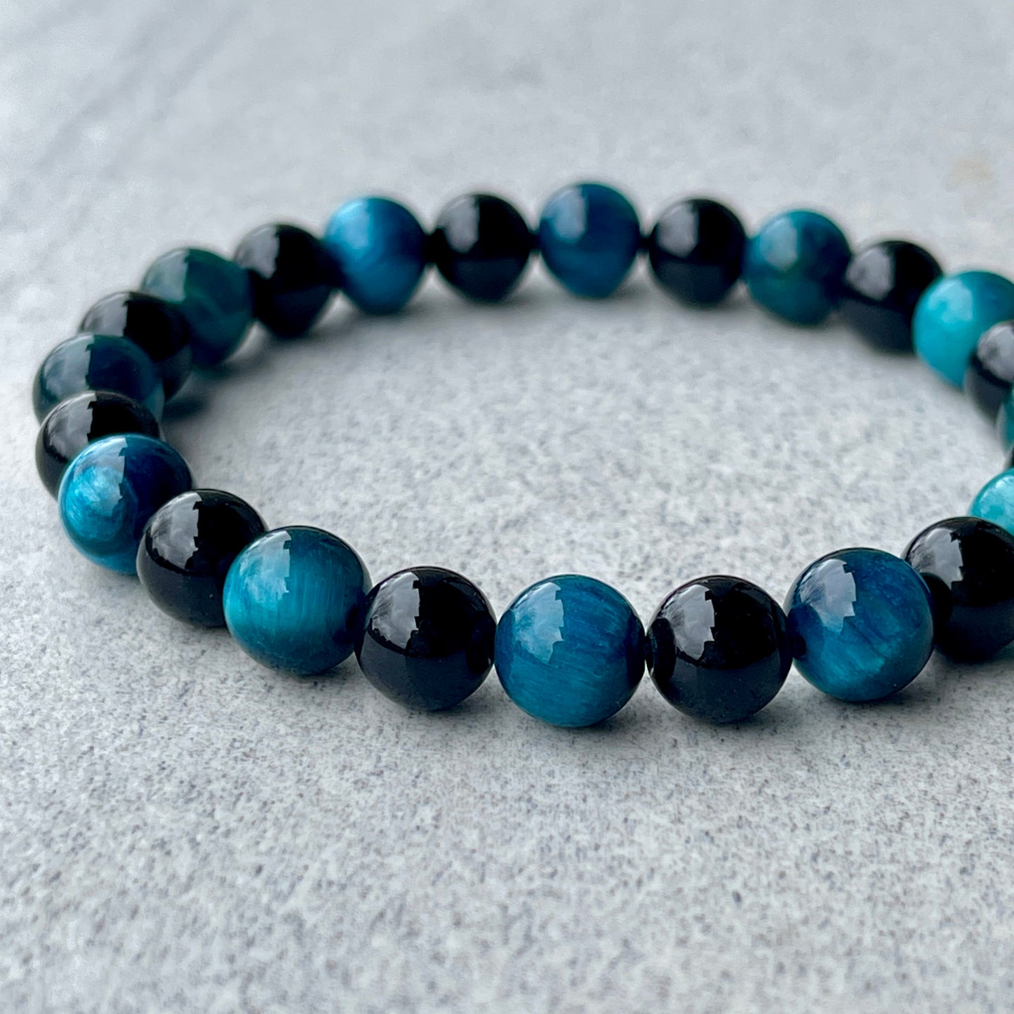 Aqua Blue Tiger Eye & Onyx Beaded Bracelet