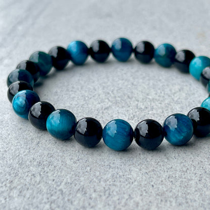 Aqua Blue Tiger Eye & Onyx Beaded Bracelet