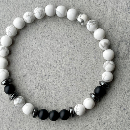 Matte White Howlite & Matte Onyx Beaded Bracelet