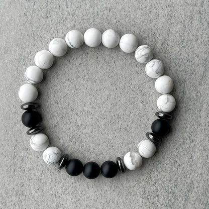 Matte White Howlite & Matte Onyx Beaded Bracelet