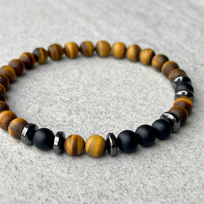 Matte Yellow Tiger Eye & Matte Onyx Beaded Bracelet