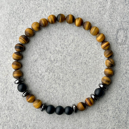 Matte Yellow Tiger Eye & Matte Onyx Beaded Bracelet