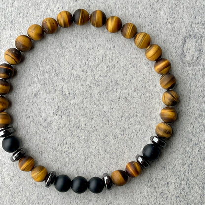 Matte Yellow Tiger Eye & Matte Onyx Beaded Bracelet