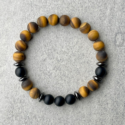 Matte Yellow Tiger Eye & Matte Onyx Beaded Bracelet