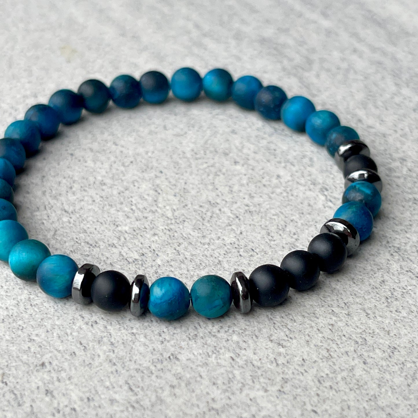 Matte Aqua Blue Tiger Eye & Matte Onyx Beaded Bracelet