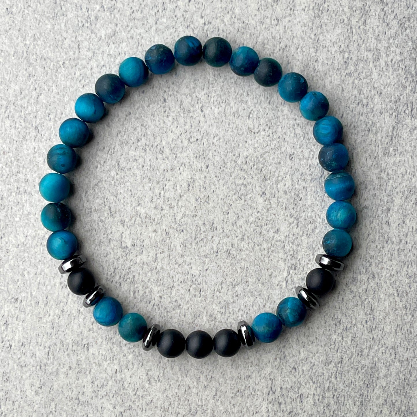 Matte Aqua Blue Tiger Eye & Matte Onyx Beaded Bracelet