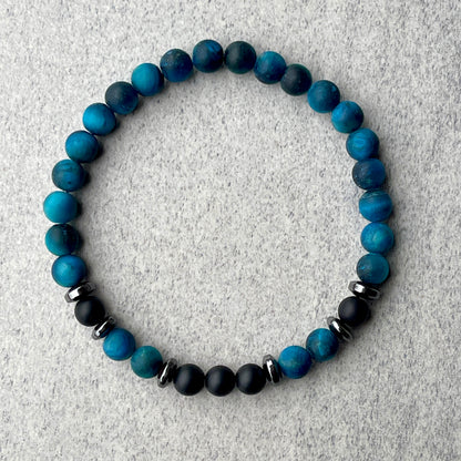 Matte Aqua Blue Tiger Eye & Matte Onyx Beaded Bracelet